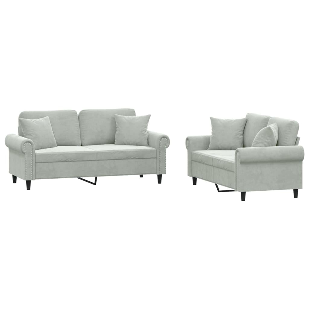 Light Gray Velvet 2 Piece Sofa Set with Throw Pillows H5109