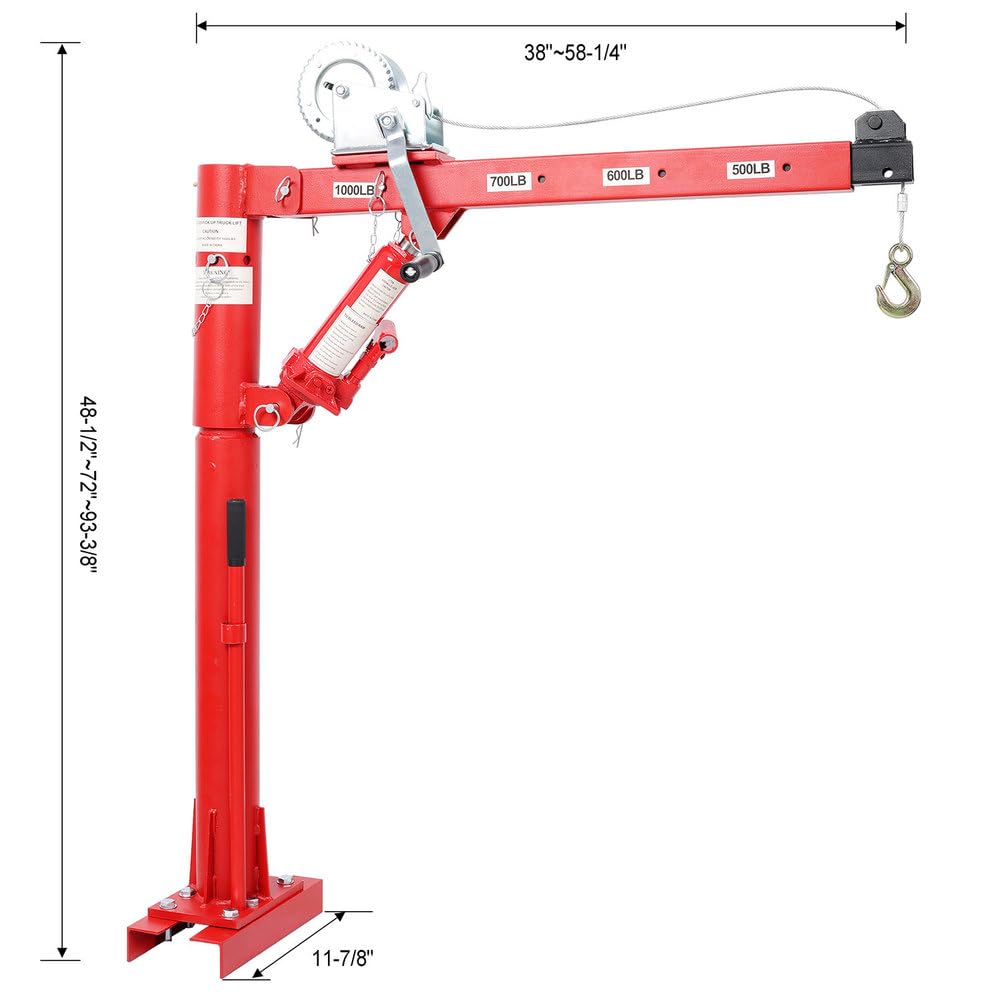 Pickup Truck Crane with Manual Winch, 1000 lb Capacity, Adjustable Boom, 360° Swivel Base, Heavy Duty Steel K840