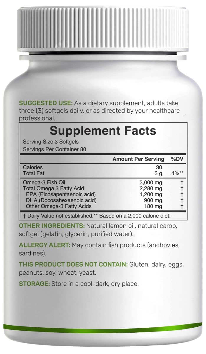 Omega 3 Fish Oil 3,000mg 240 Softgels EPA DHA Lemon Flavored N36537