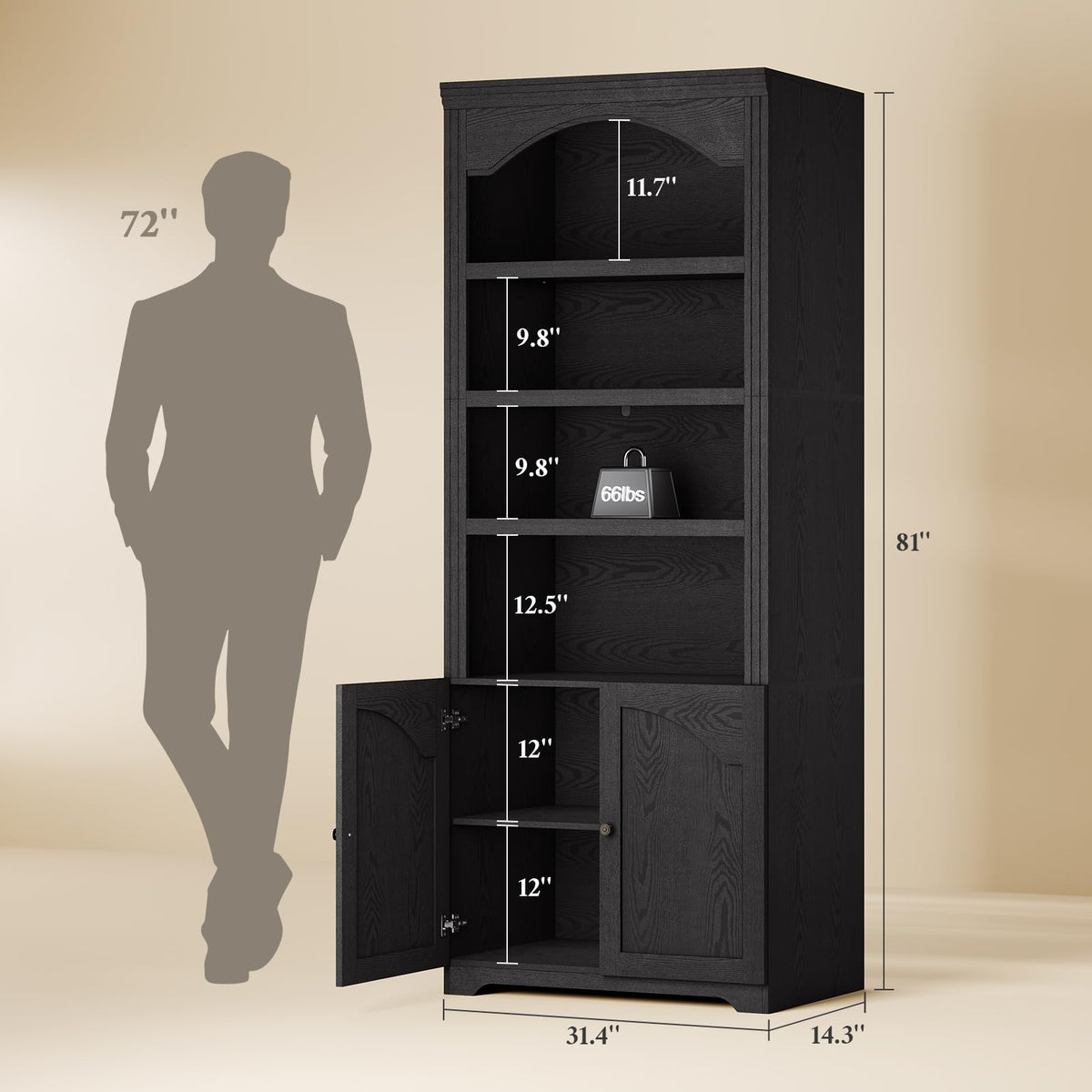 81"x31.4" Arched Bookcase with Adjustable Shelves & Doors I62250