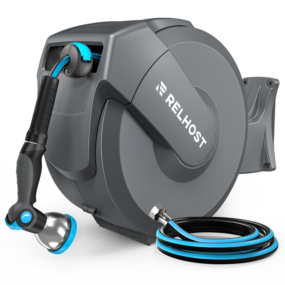 Retractable Garden Hose Reel, 5/8 in x 100 ft Wall Mount Heavy Duty with 10-Pattern Nozzle, Dark Grey D42604