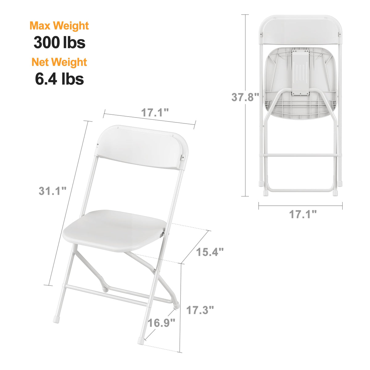 6 Pack White Plastic Folding Chair with Steel Frame K525