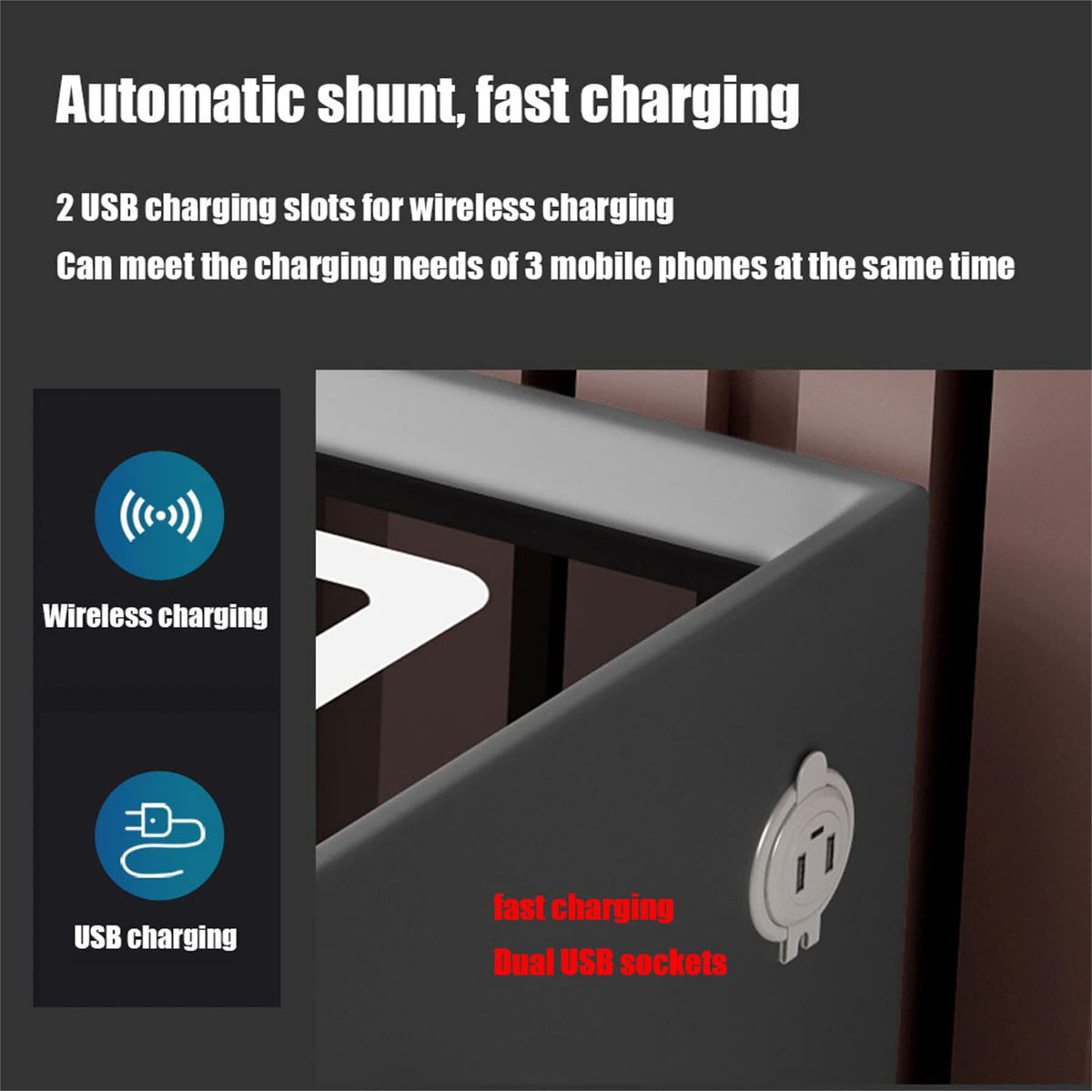 LED Nightstand with Bluetooth Speaker, Wireless Charging, 3 Colors LED Lights, USB & Type-C Port, 2/3 Drawers, Fingerprint Lock N455