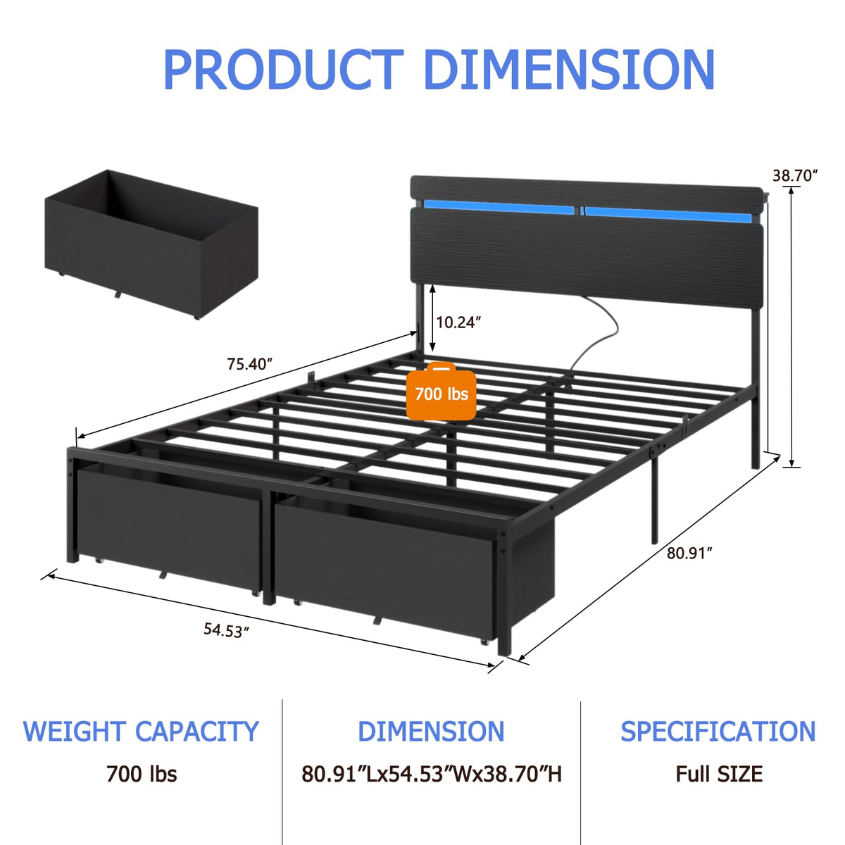 Full Size Bed Frame with Wood Headboard and Storage Drawers Y286