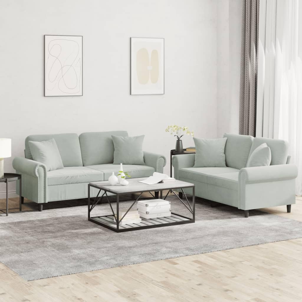 Light Gray Velvet 2 Piece Sofa Set with Throw Pillows H5109