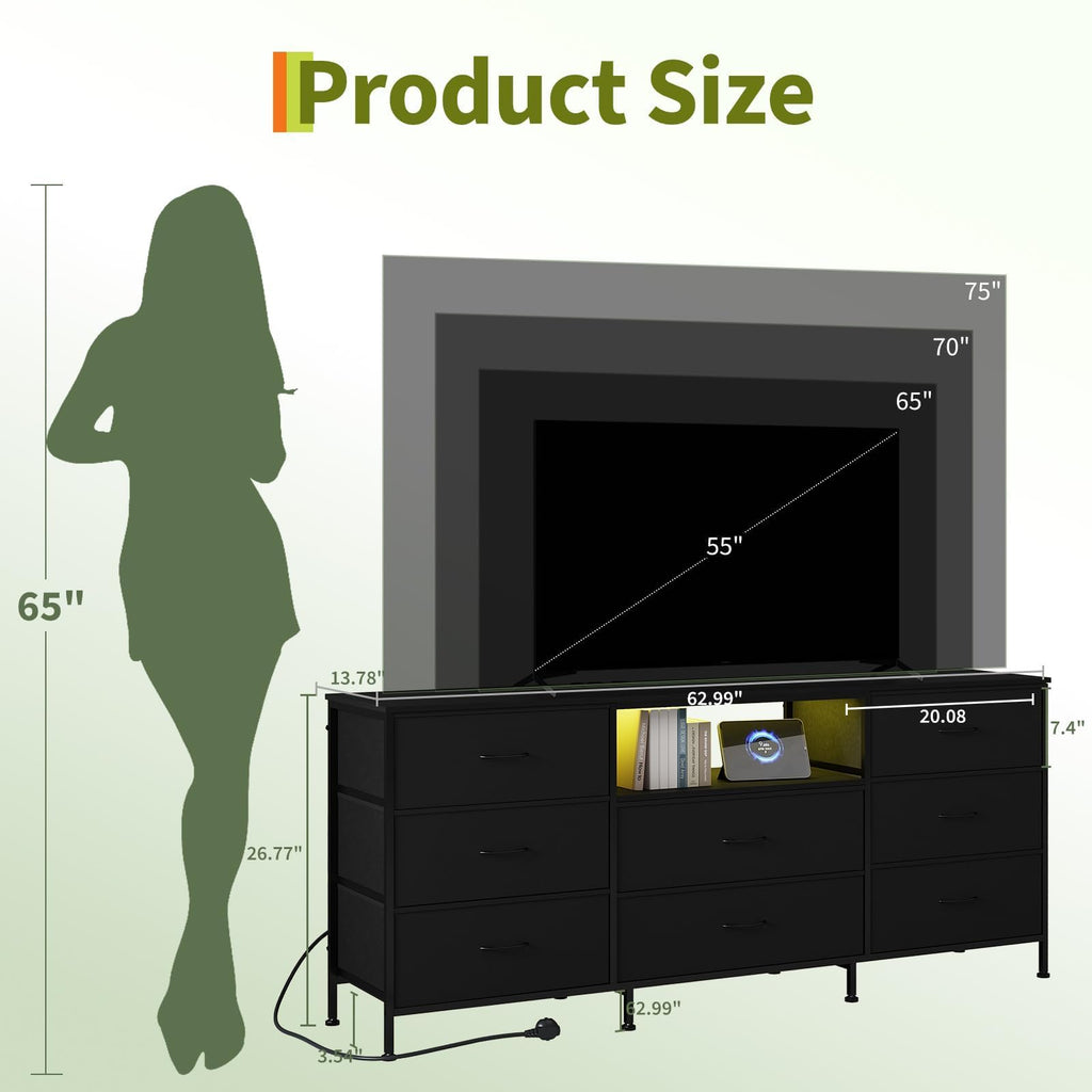 Black 8 Drawer TV Stand Dresser with Steel Frame K560