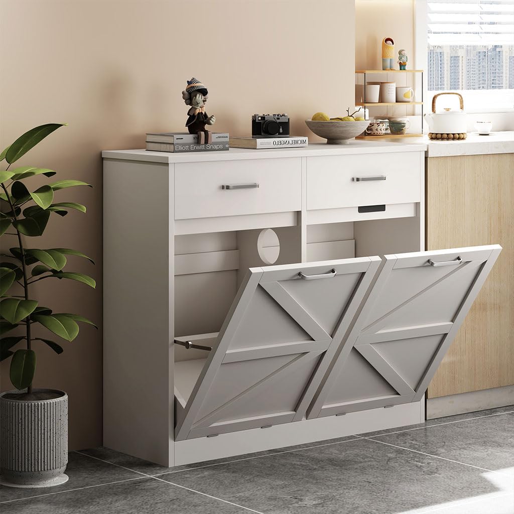 White Wooden Tilt Out Trash Cabinet K729553