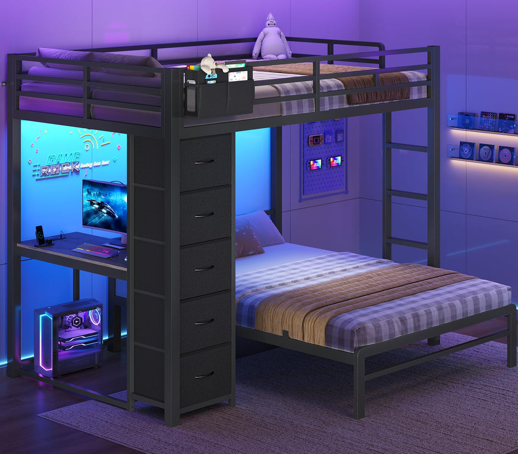 Full Size Bunk Bed with Desk, 5 Drawers, Black A7719