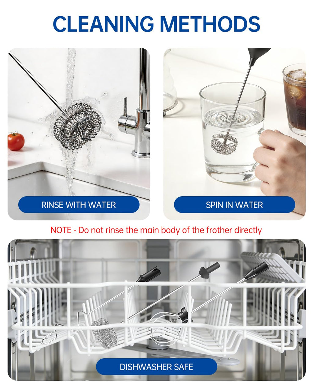 Rechargeable Handheld Milk Frother Wand with 3 Whisks and Storage Box X406704