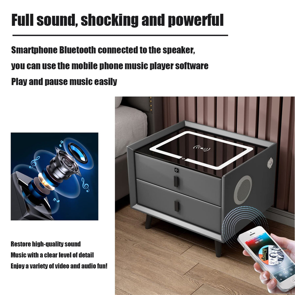 LED Nightstand with Bluetooth Speaker, Wireless Charging, 3 Colors LED Lights, USB & Type-C Port, 2/3 Drawers, Fingerprint Lock N455