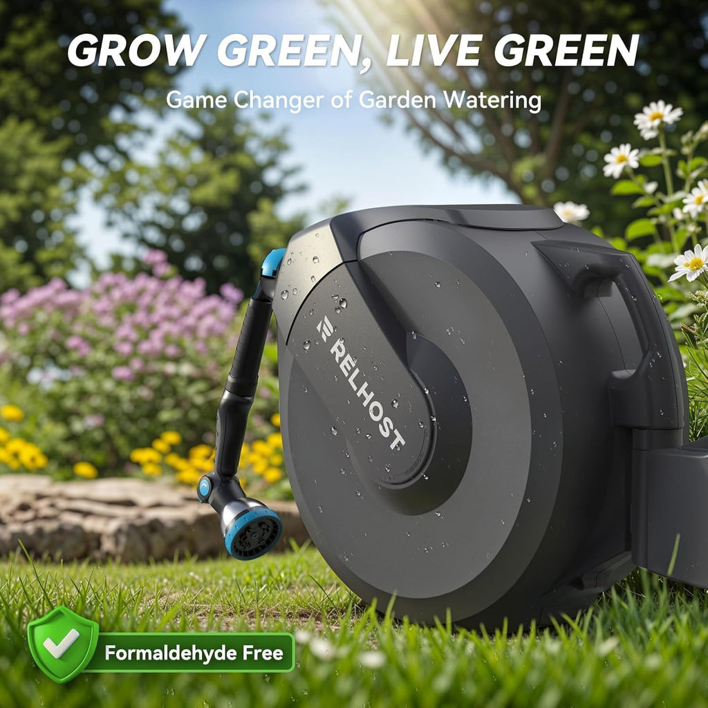 Retractable Garden Hose Reel, 5/8 in x 100 ft Wall Mount Heavy Duty with 10-Pattern Nozzle, Dark Grey D42604