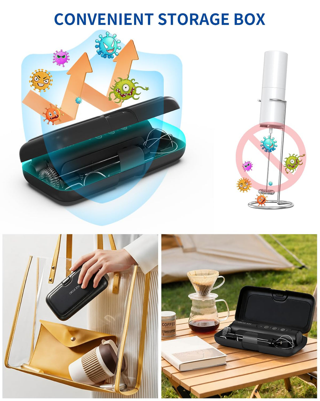 Rechargeable Handheld Milk Frother Wand with 3 Whisks and Storage Box X406704