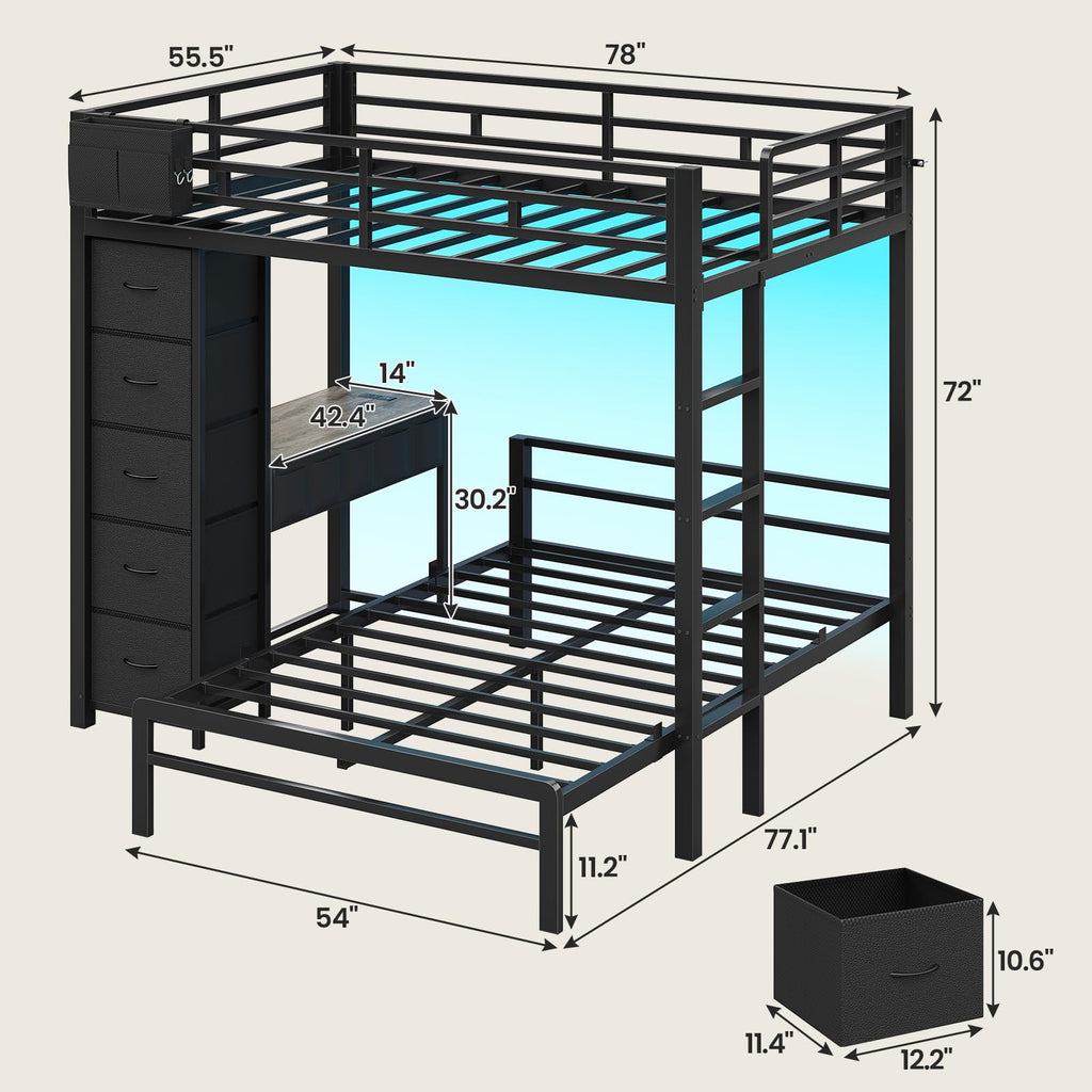 Full Size Bunk Bed with Desk, 5 Drawers, Black A7719