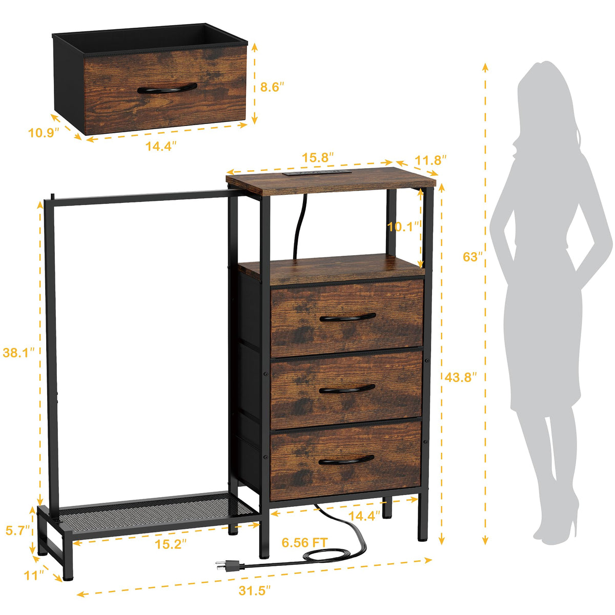 Brown 3 Drawer Fabric Dresser with Hanging Rack D30919