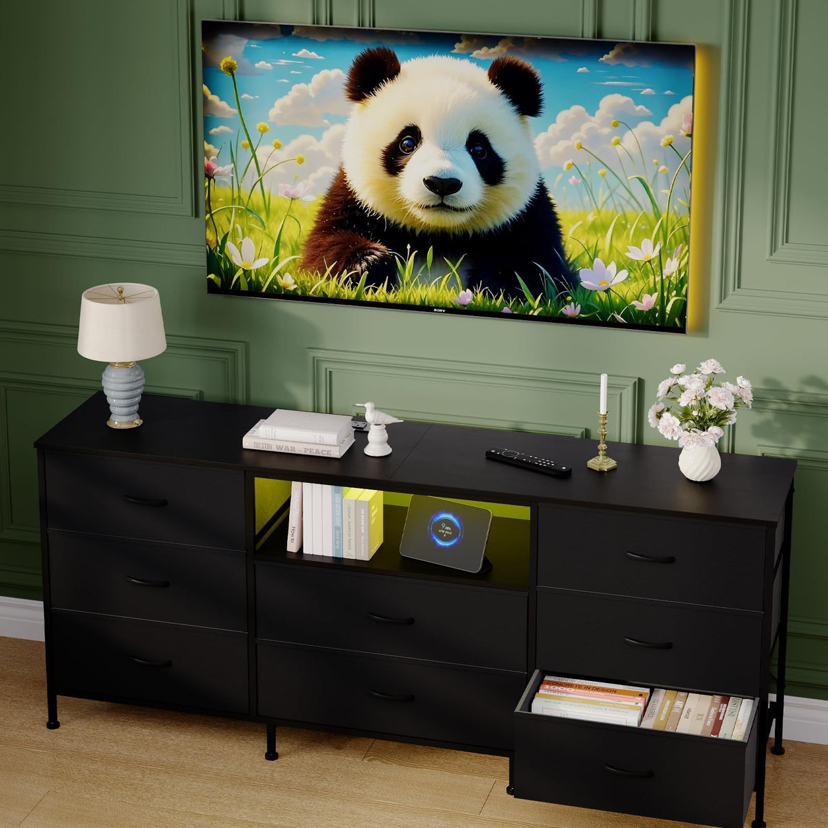 Black 8 Drawer TV Stand Dresser with Steel Frame K560