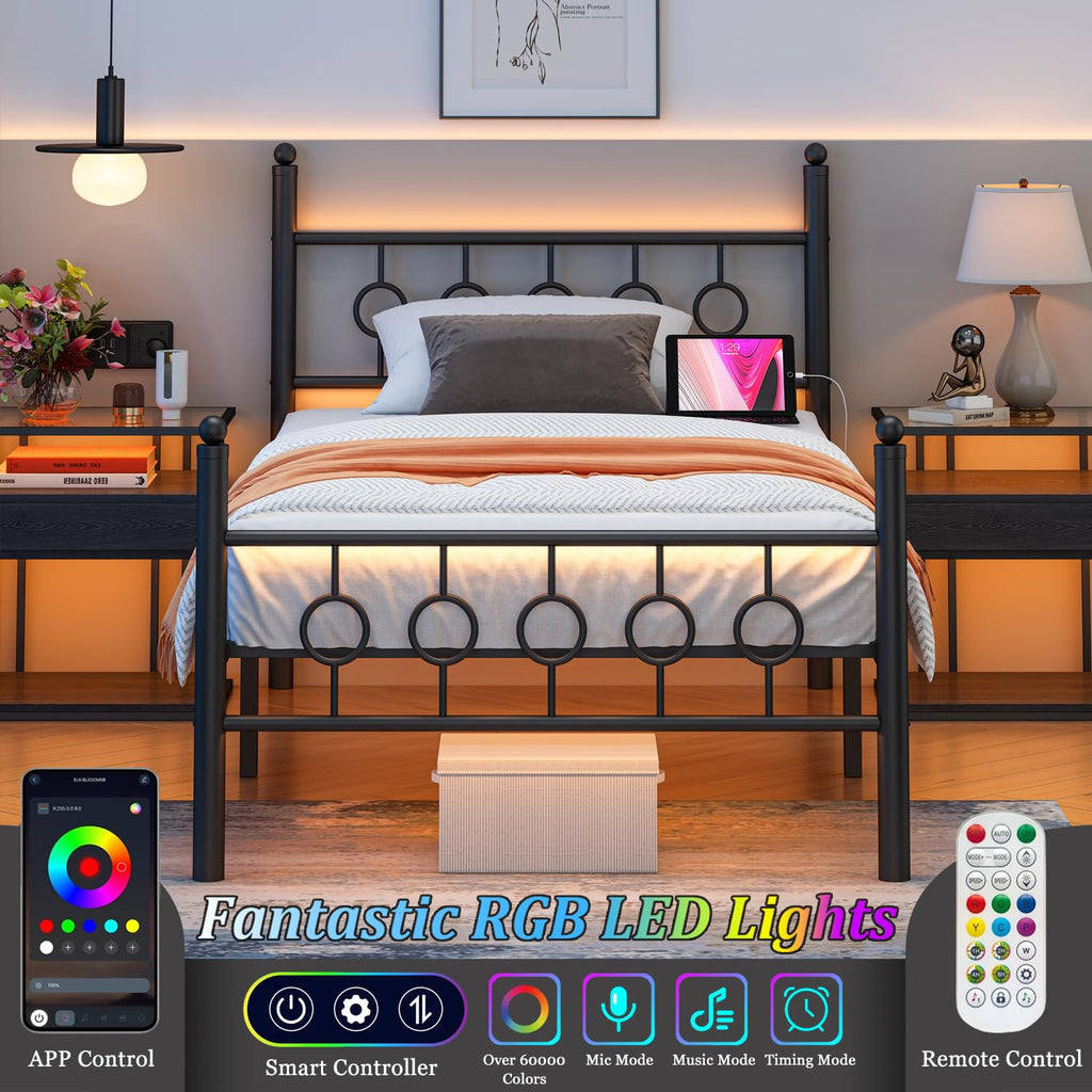 Black Twin Metal Platform Bed Frame with Headboard D3500