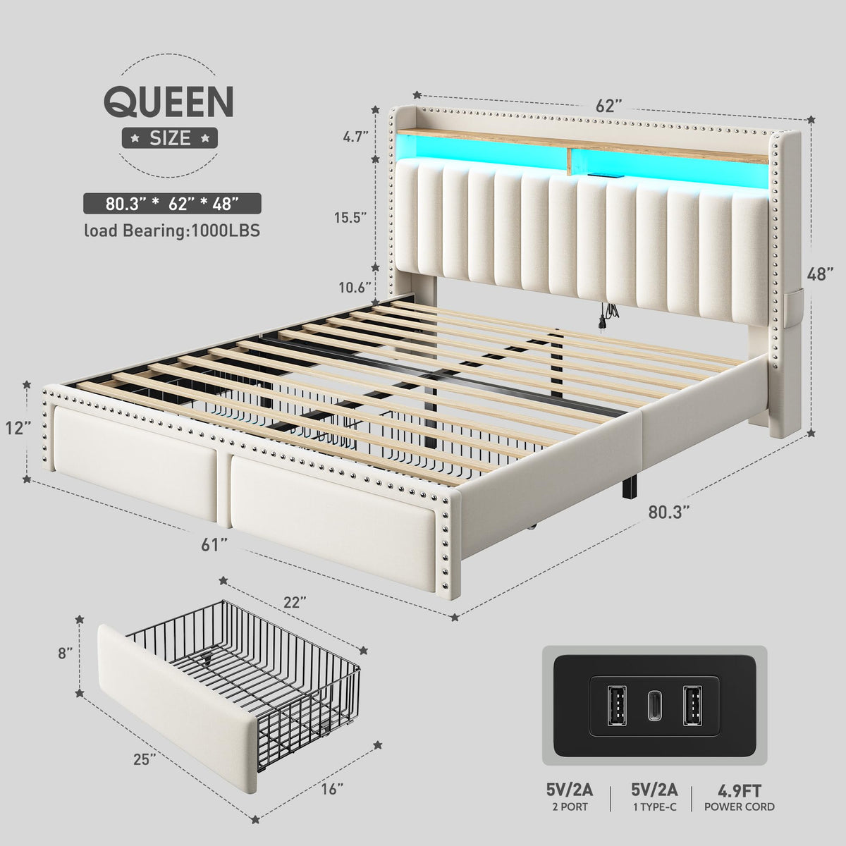 Queen Size Bed Frame with 2 Drawers B755520