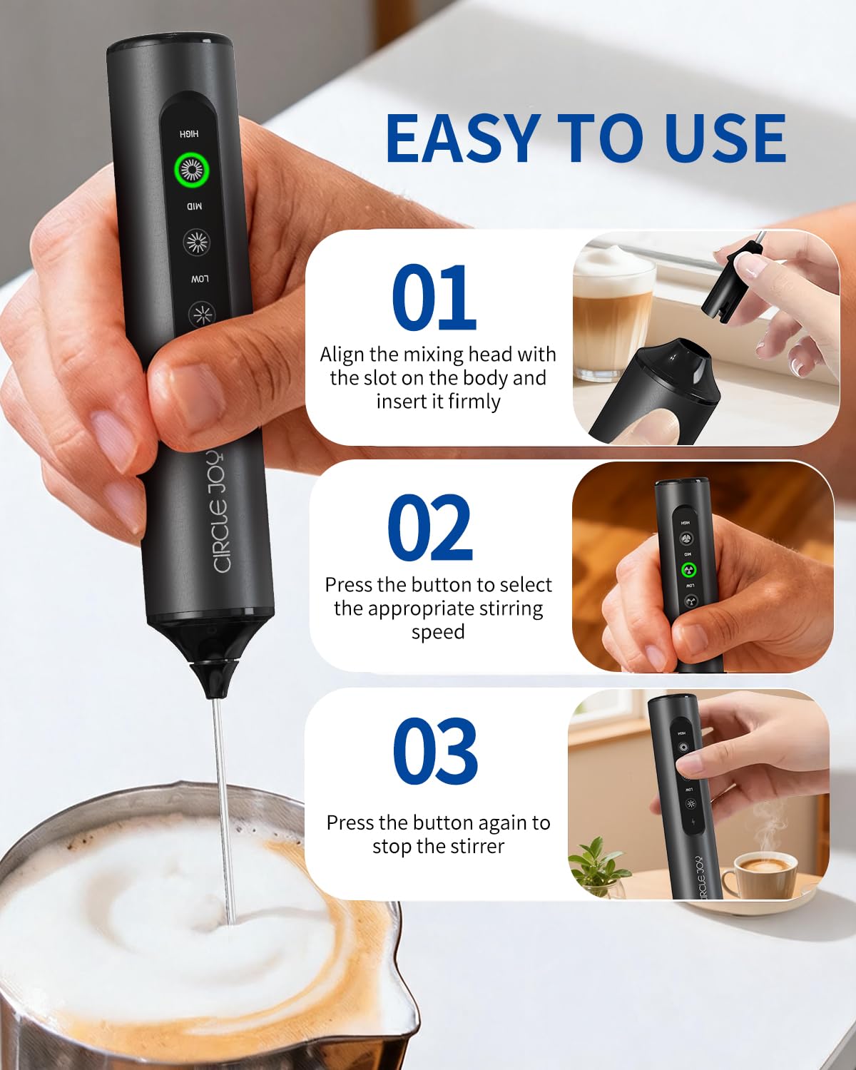Rechargeable Handheld Milk Frother Wand with 3 Whisks and Storage Box X406704