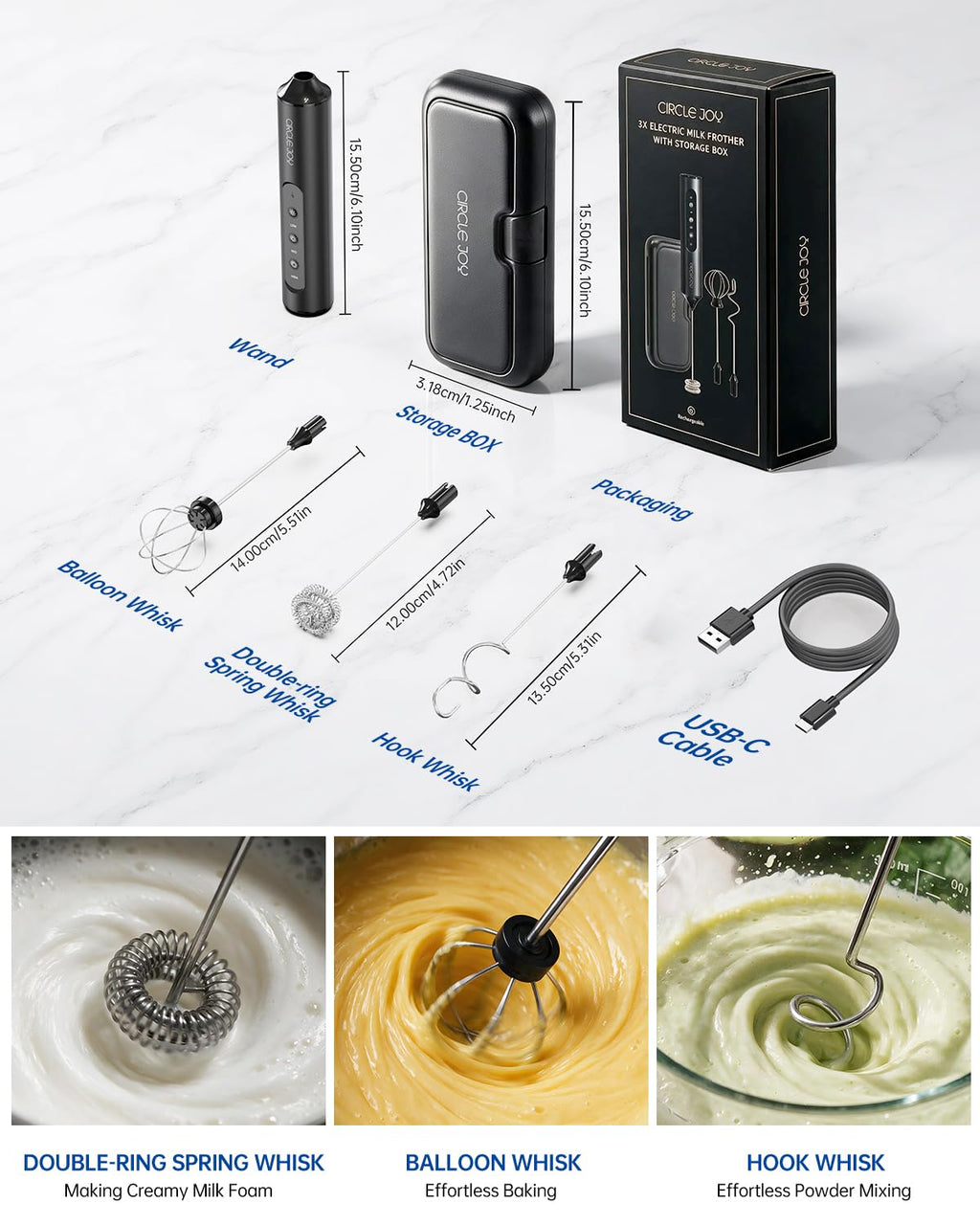 Rechargeable Handheld Milk Frother Wand with 3 Whisks and Storage Box X406704