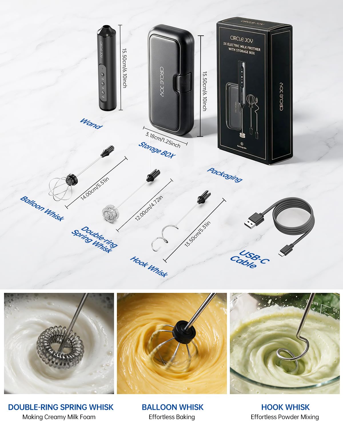 Rechargeable Handheld Milk Frother Wand with 3 Whisks and Storage Box X406704