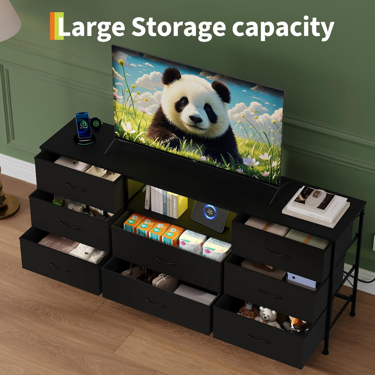 Black 8 Drawer TV Stand Dresser with Steel Frame K560