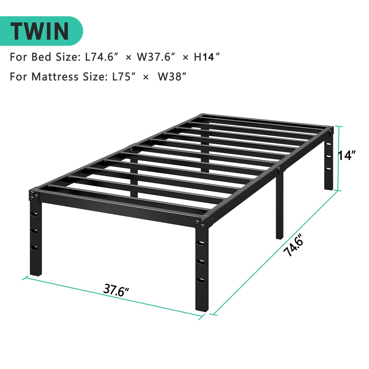 14 Inch Tall Black Metal Platform Twin Size Bed Frame R41216