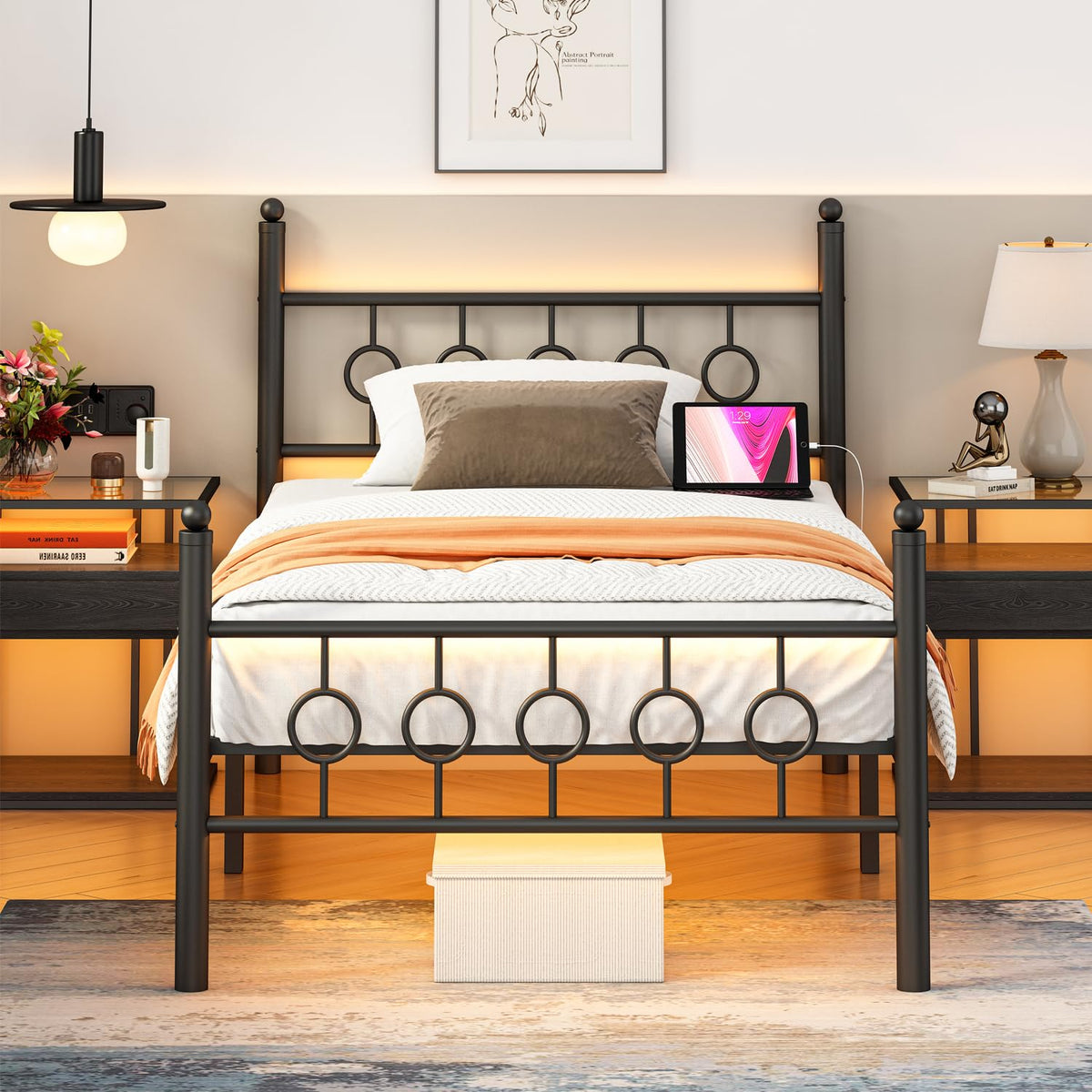 Black Twin Metal Platform Bed Frame with Headboard D3500