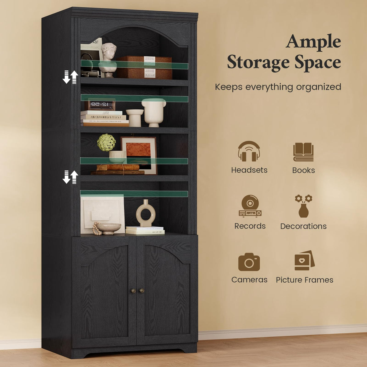 81"x31.4" Arched Bookcase with Adjustable Shelves & Doors I62250