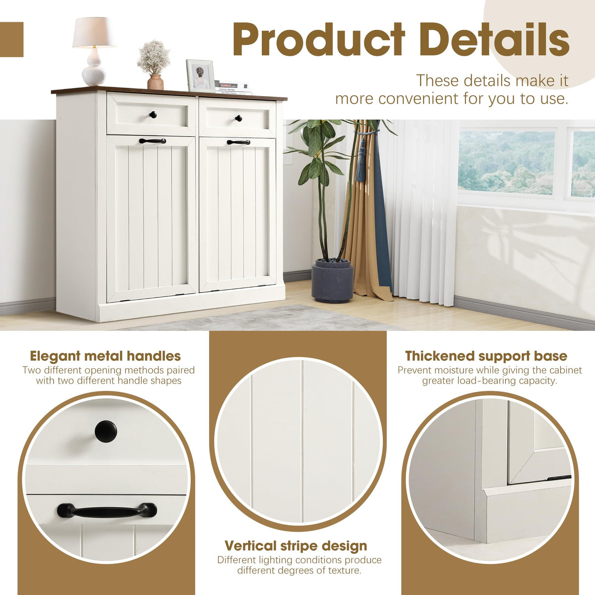 White 22 Gallon Wooden Laundry Hamper Cabinet with 2 Drawers L84705