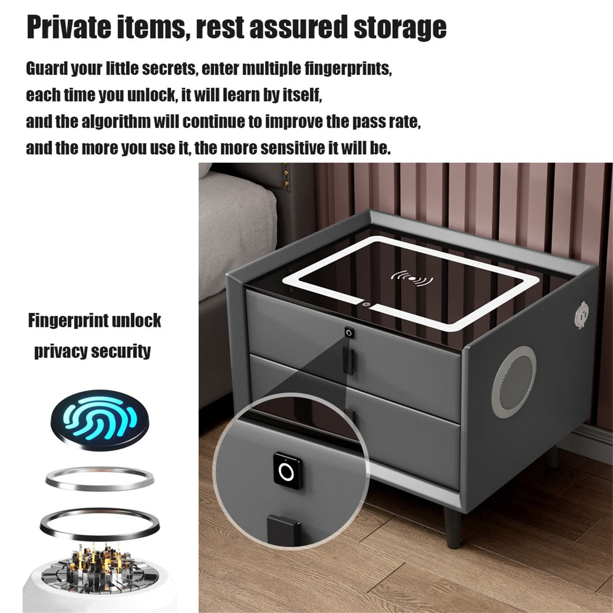 LED Nightstand with Bluetooth Speaker, Wireless Charging, 3 Colors LED Lights, USB & Type-C Port, 2/3 Drawers, Fingerprint Lock N455