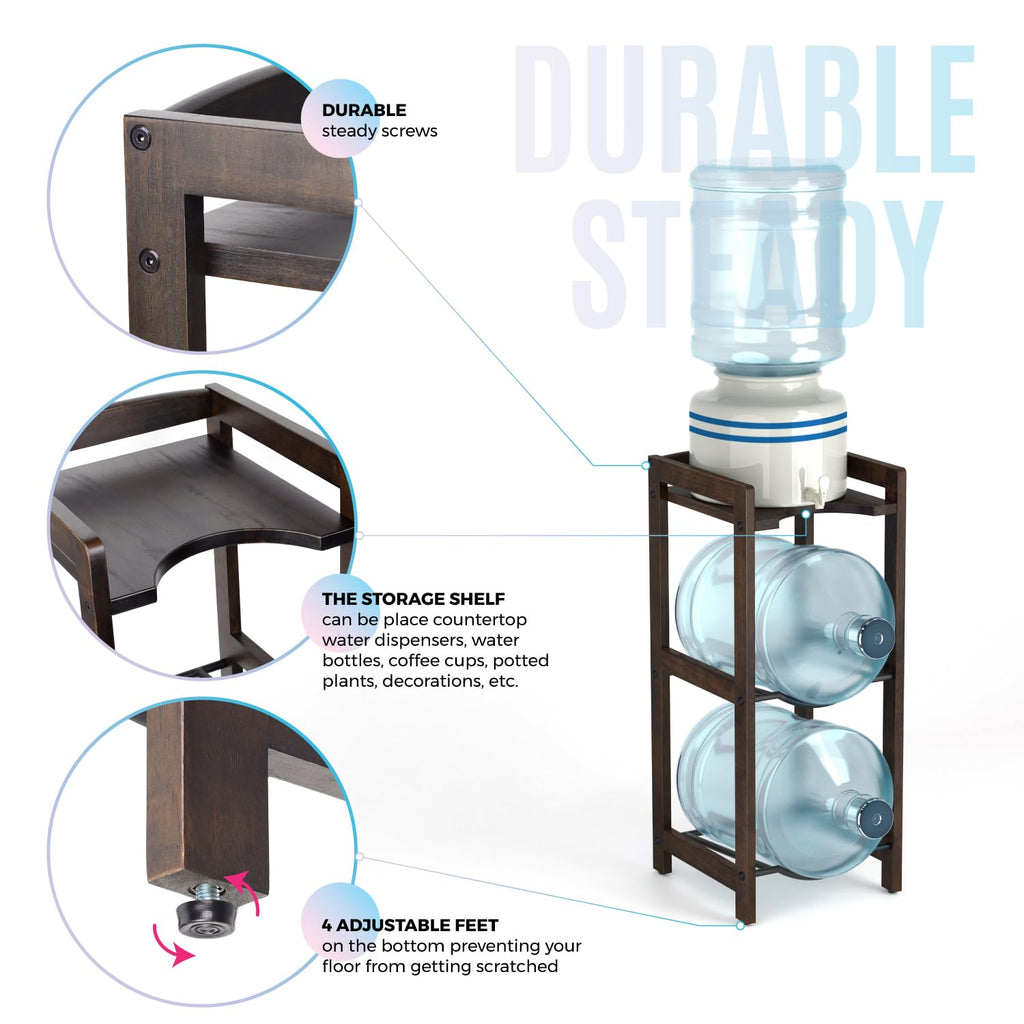 5 Gallon Water Jug Holder with Top Shelves, 3-Tiers Solid Wood Water Dispenser Stand Y76072
