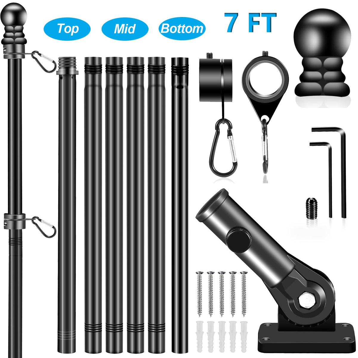 Black 7 FT Stainless Steel Flagpole Kit X17963