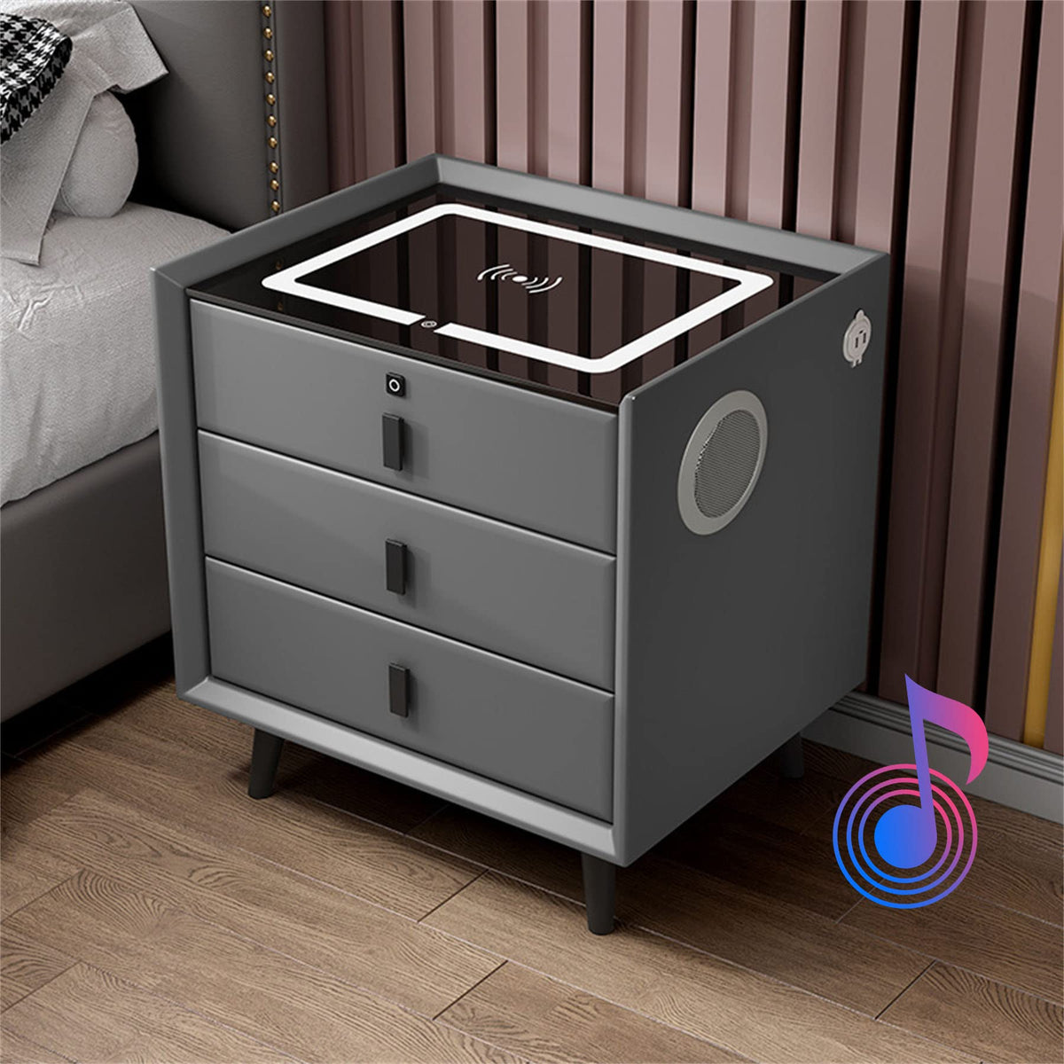 LED Nightstand with Bluetooth Speaker, Wireless Charging, 3 Colors LED Lights, USB & Type-C Port, 2/3 Drawers, Fingerprint Lock N455