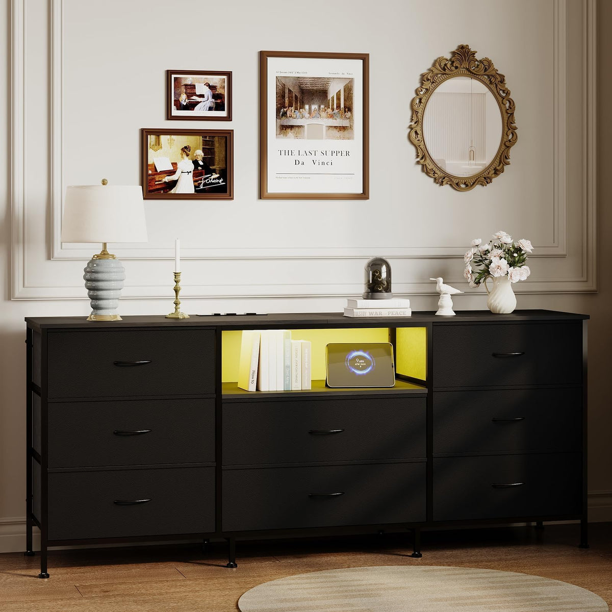 Black 8 Drawer TV Stand Dresser with Steel Frame K560