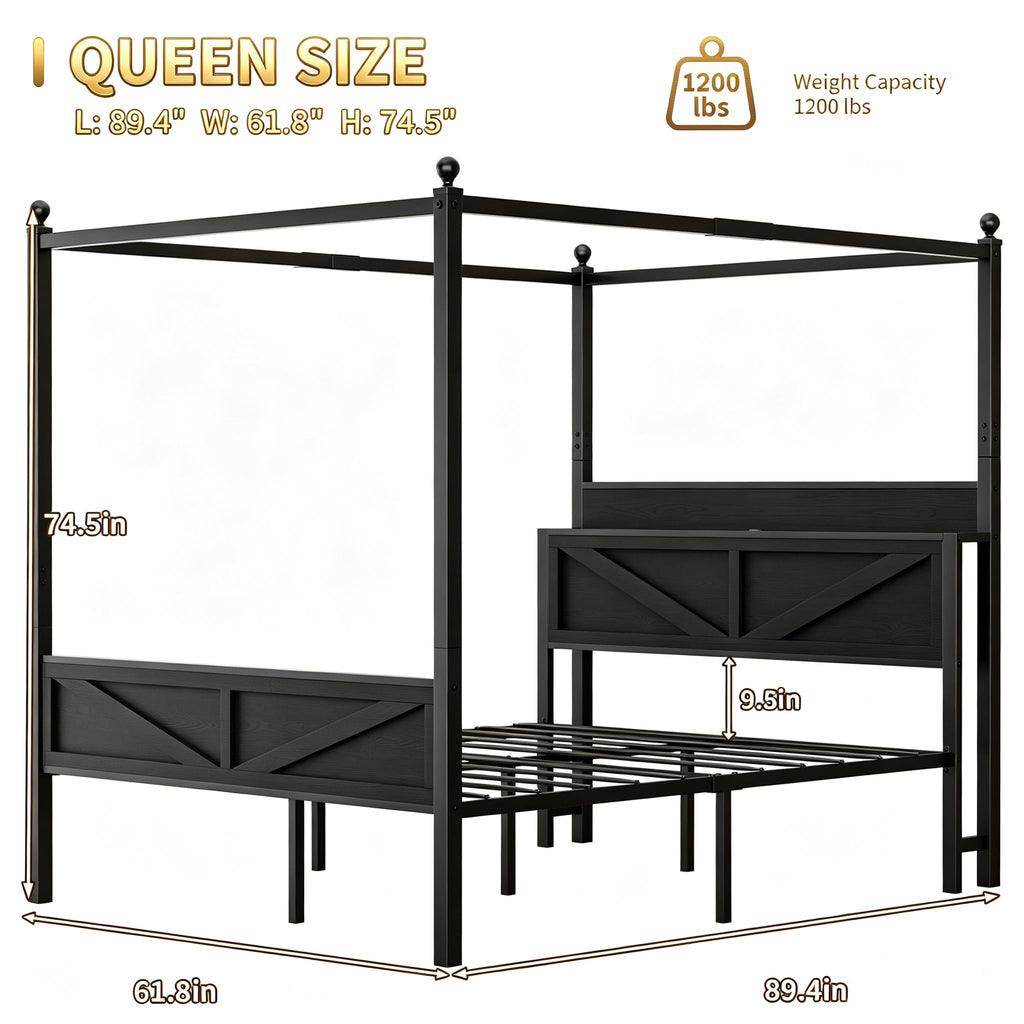 Queen Size Metal Canopy Bed Frame with Storage Headboard E7279