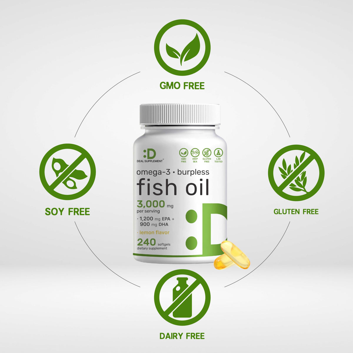 Omega 3 Fish Oil 3,000mg 240 Softgels EPA DHA Lemon Flavored N36537