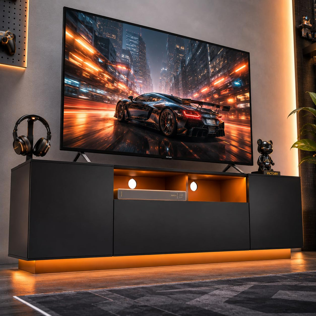Black TV Stand with Storage Cabinets and Drawer W925442