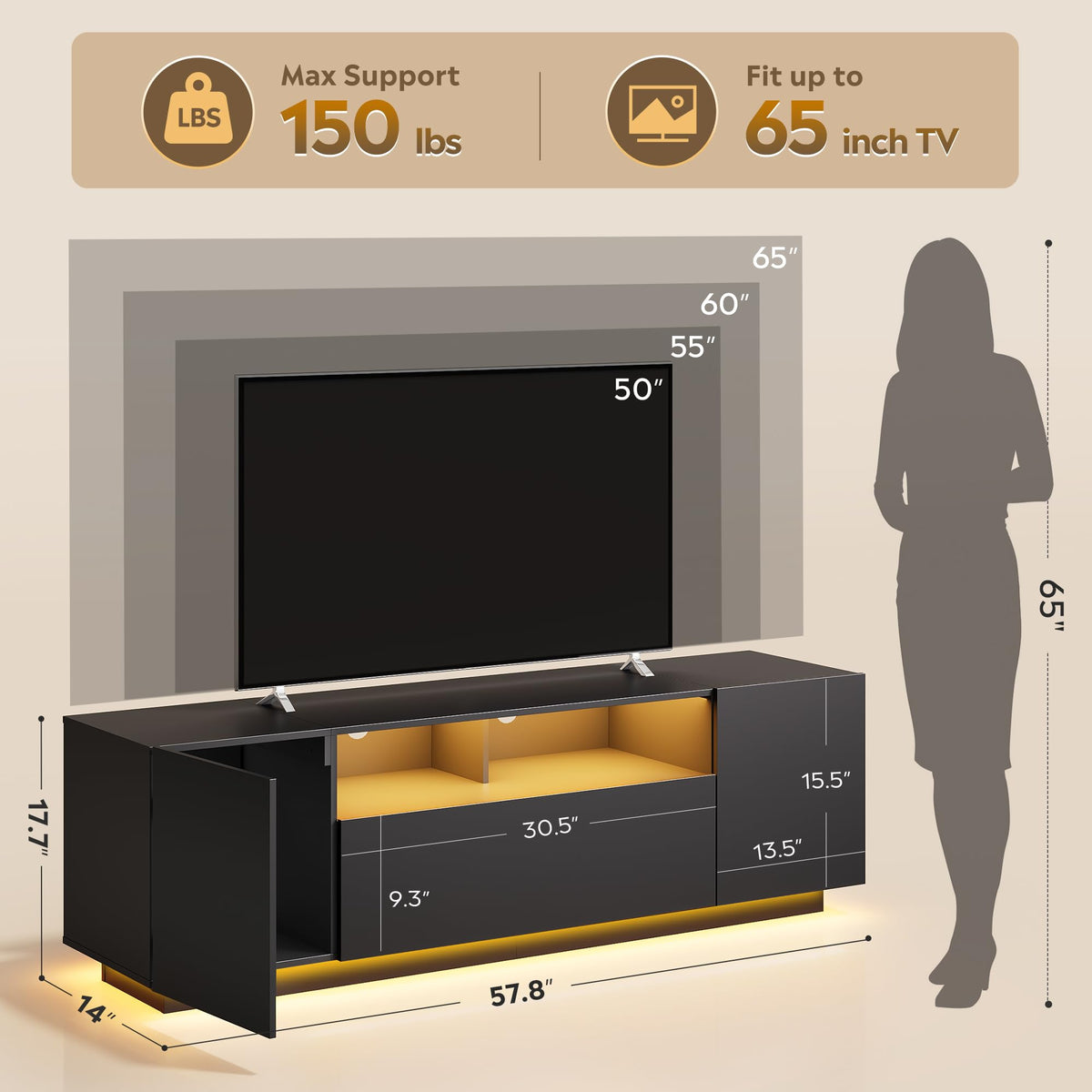 Black TV Stand with Storage Cabinets and Drawer W925442