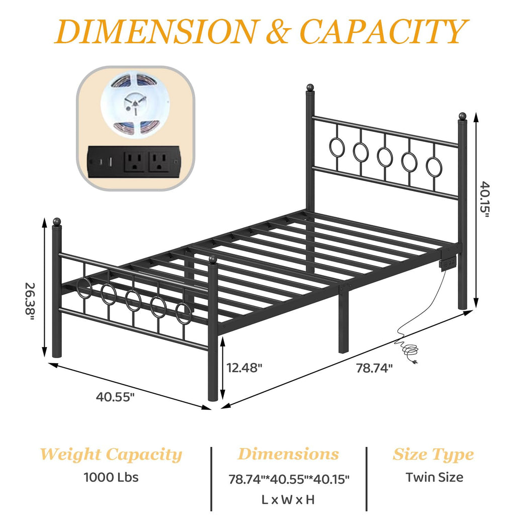 Black Twin Metal Platform Bed Frame with Headboard D3500