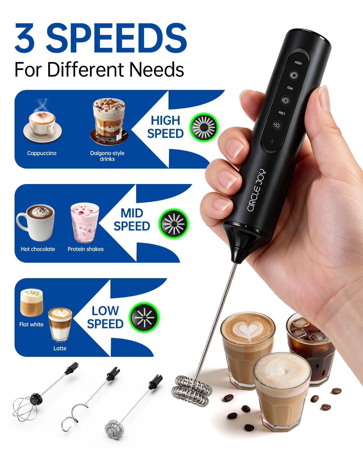 Rechargeable Handheld Milk Frother Wand with 3 Whisks and Storage Box X406704