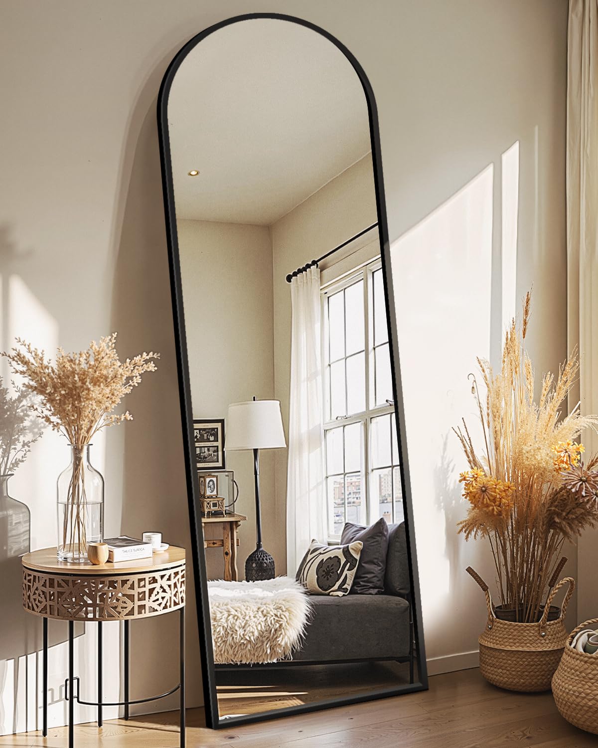 Arched Full Length Black Floor Mirror with Stand S735