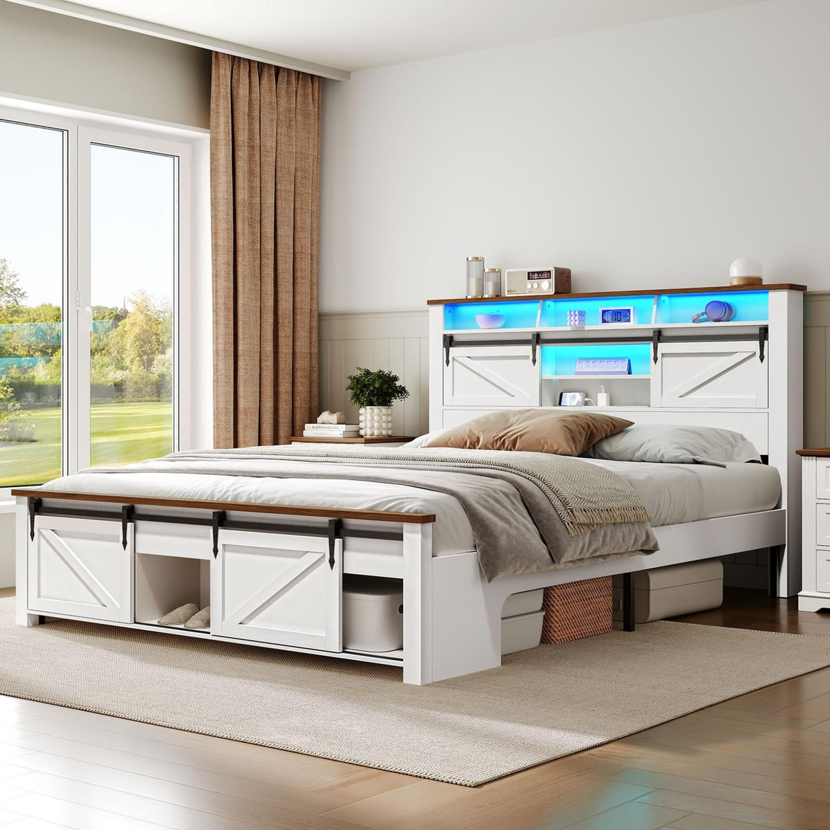 White and Walnut Full Size Storage Bed Frame Q148