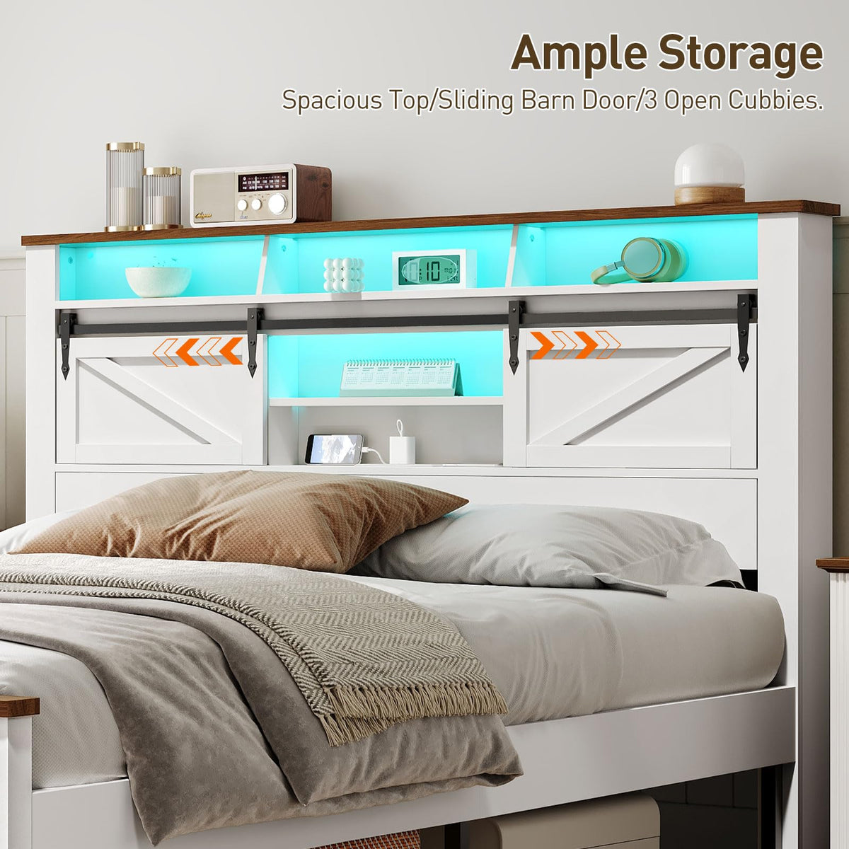 White and Walnut Full Size Storage Bed Frame Q148