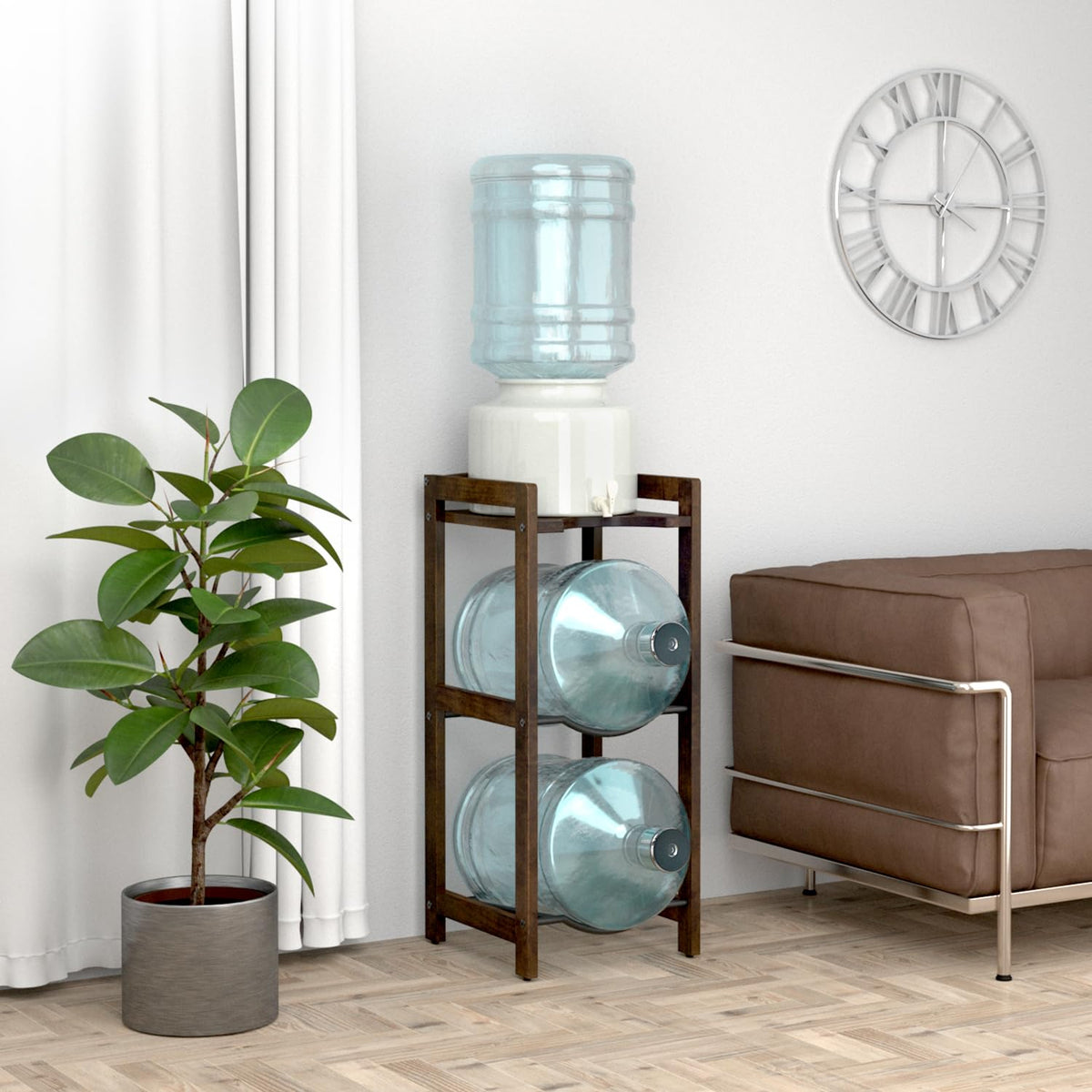 5 Gallon Water Jug Holder with Top Shelves, 3-Tiers Solid Wood Water Dispenser Stand Y76072