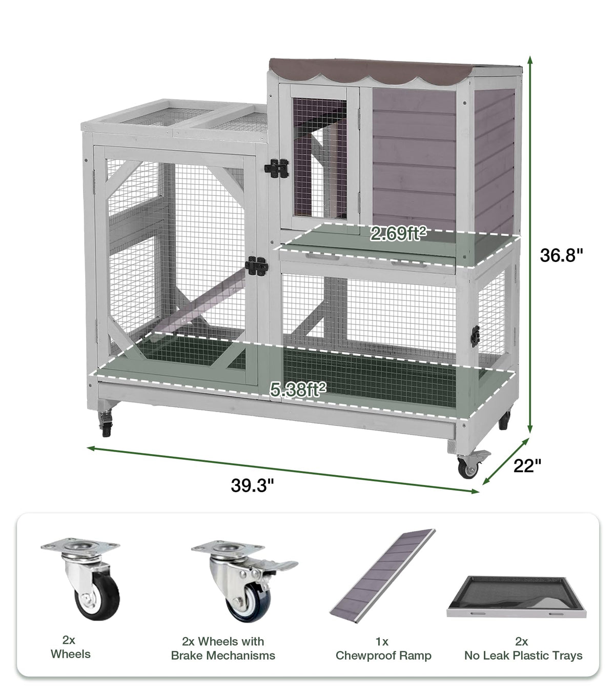 Wooden Rabbit Cage on Wheels with Ramp R371