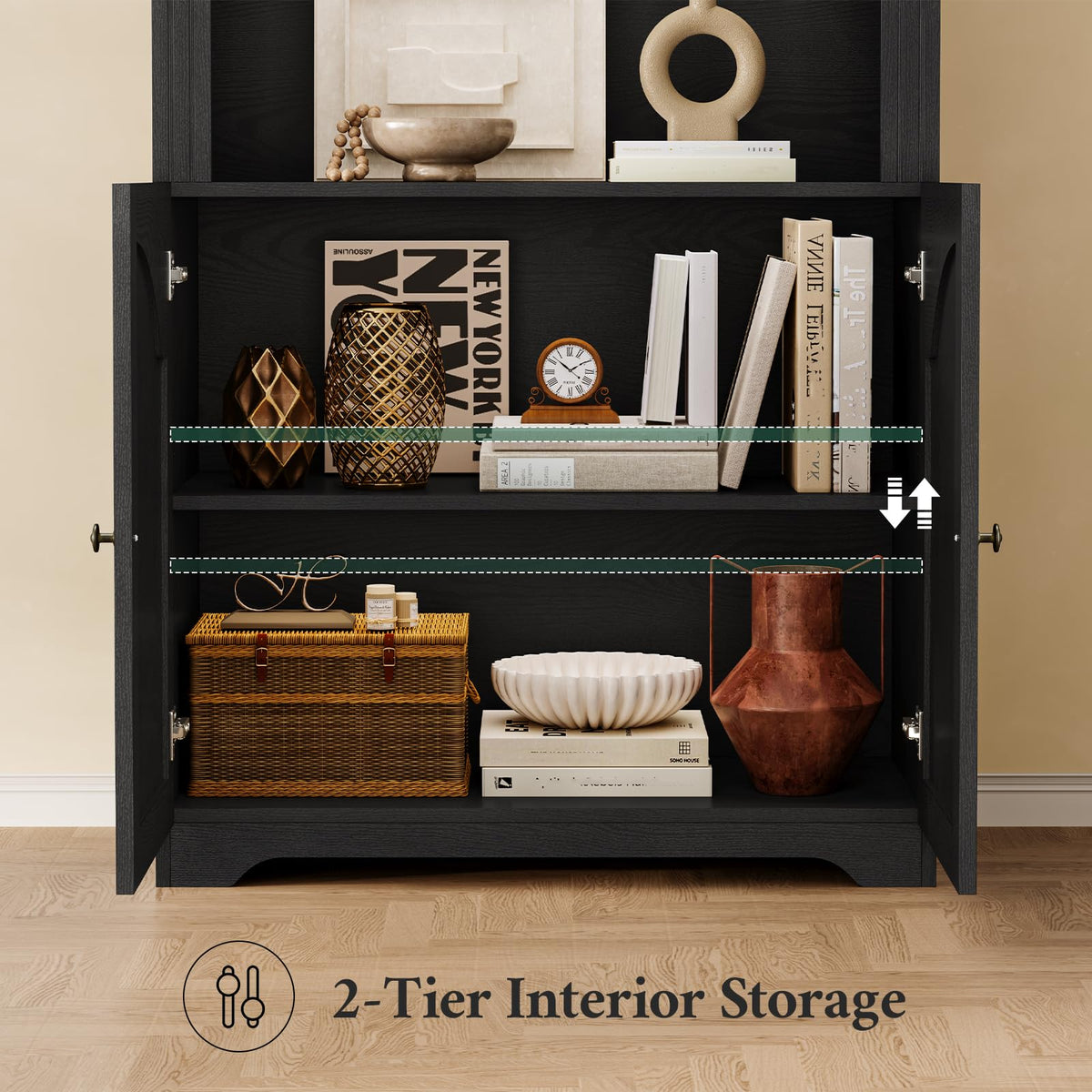 81"x31.4" Arched Bookcase with Adjustable Shelves & Doors I62250