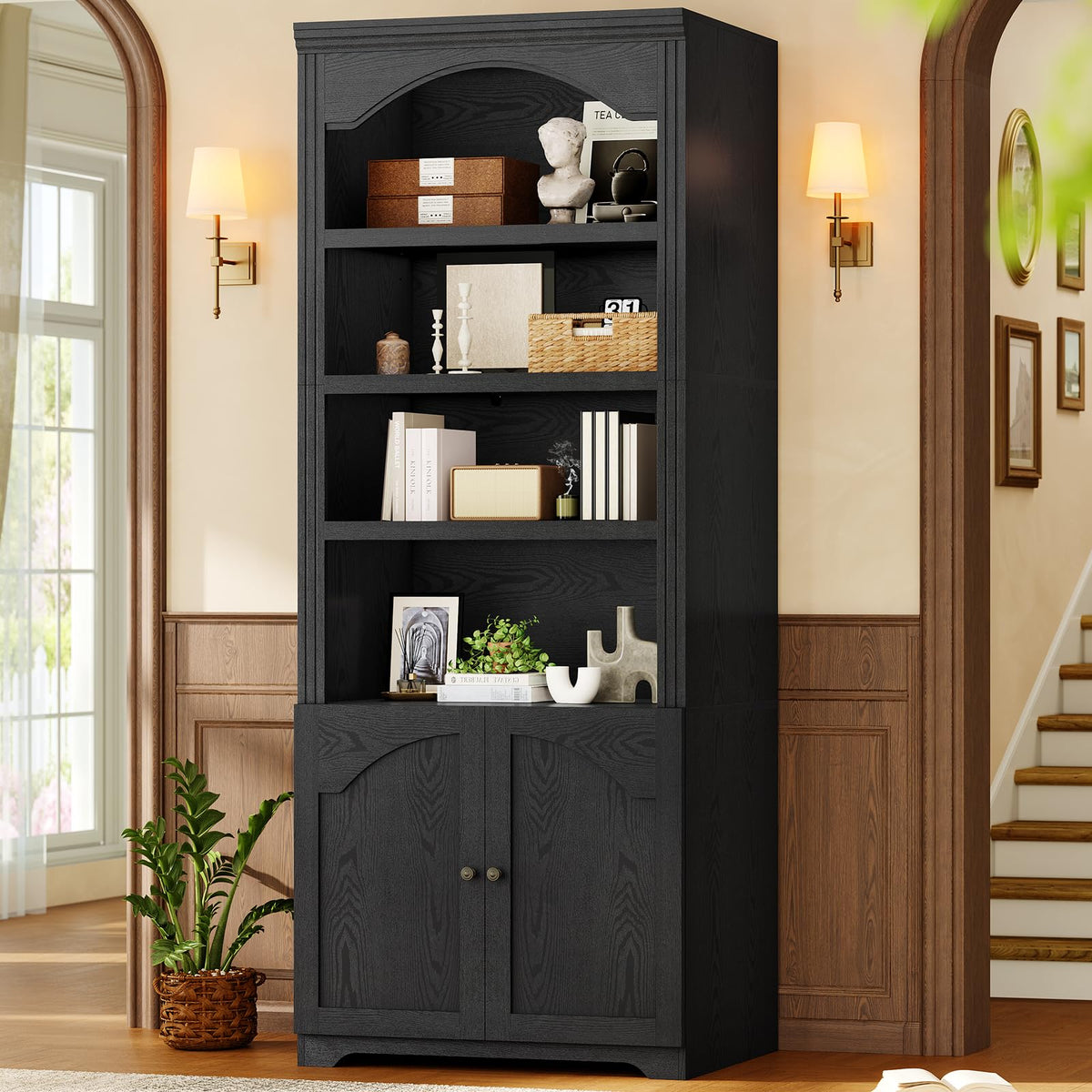 81"x31.4" Arched Bookcase with Adjustable Shelves & Doors I62250