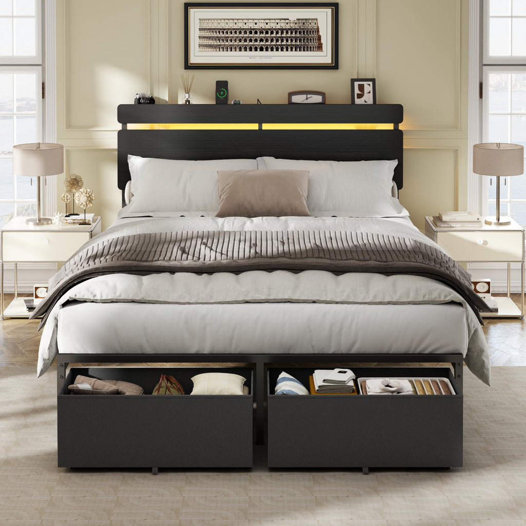 Full Size Bed Frame with Wood Headboard and Storage Drawers Y286