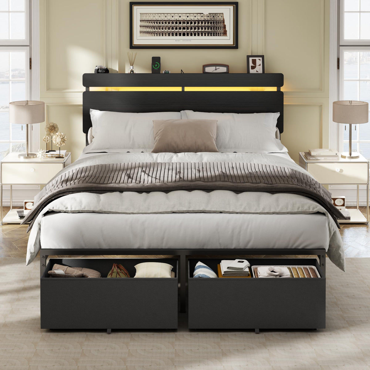 Full Size Bed Frame with Wood Headboard and Storage Drawers Y286