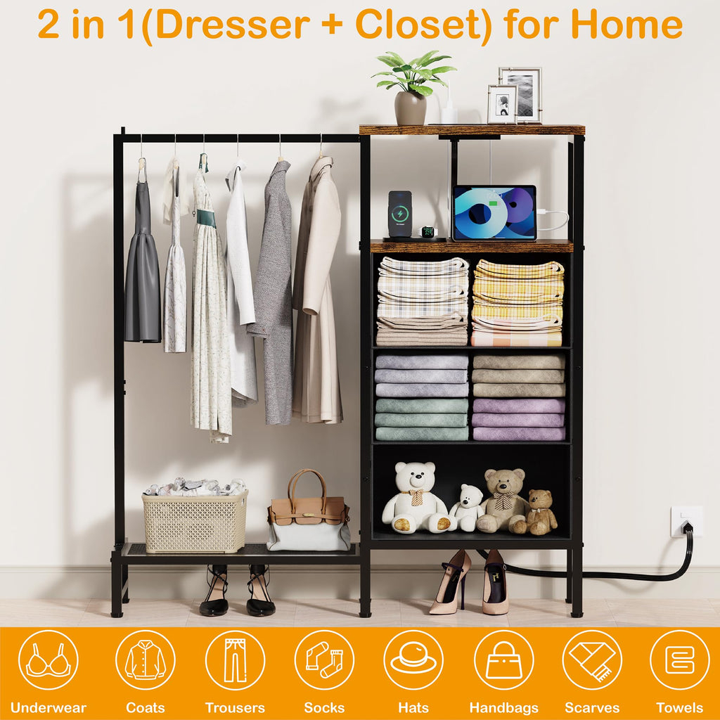 Brown 3 Drawer Fabric Dresser with Hanging Rack D30919